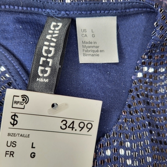 H&M Divided blue silver shimmer bodycon open back long sleeve mini dress sz L - Picture 10 of 12